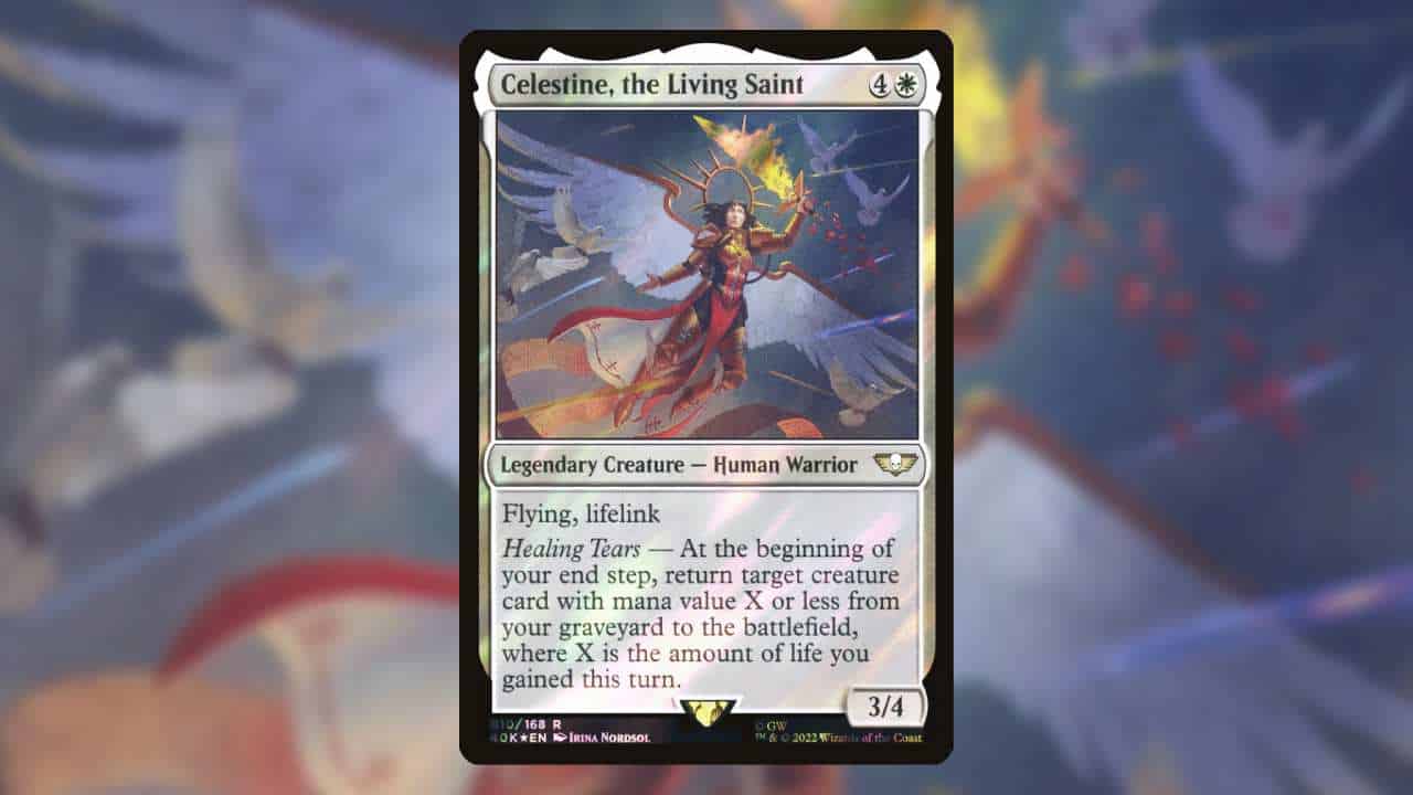 Most expensive MTG Warhammer cards: Celestine, The Living Saint, decorative. An angel is against a blue background.
