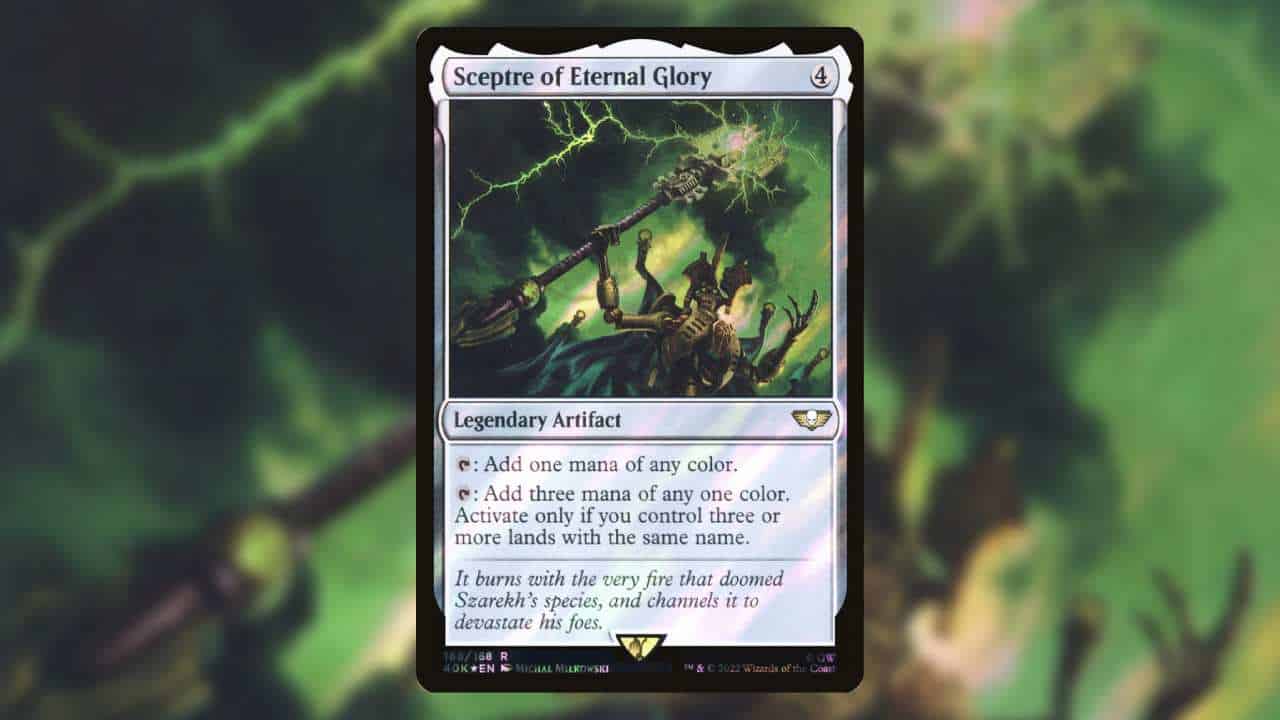 Most expensive MTG Warhammer cards: Sceptre of Eternal Glory, decorative. A four armed creature holds a staff with electric energy coming out of it.