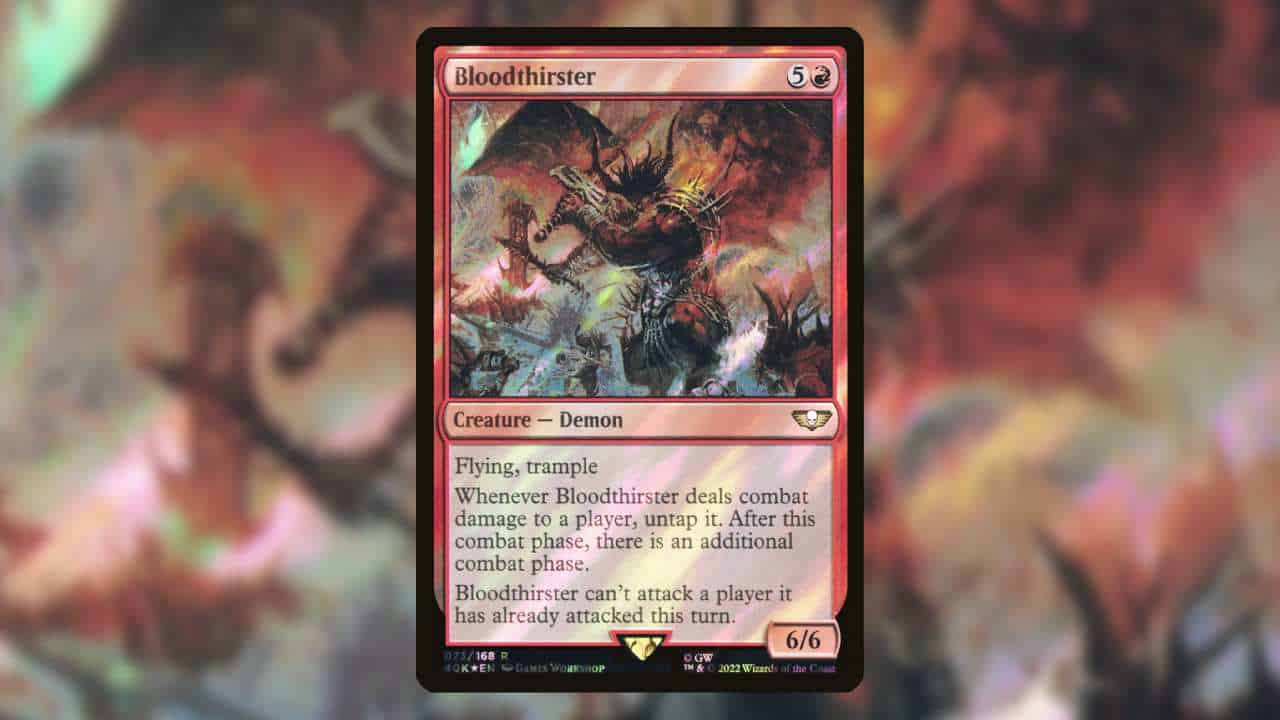 Most expensive MTG Warhammer cards: Bloodthirster, decorative. A creature wielding a giant sword is in the foreground, tiny soldiers are being decimated by it.