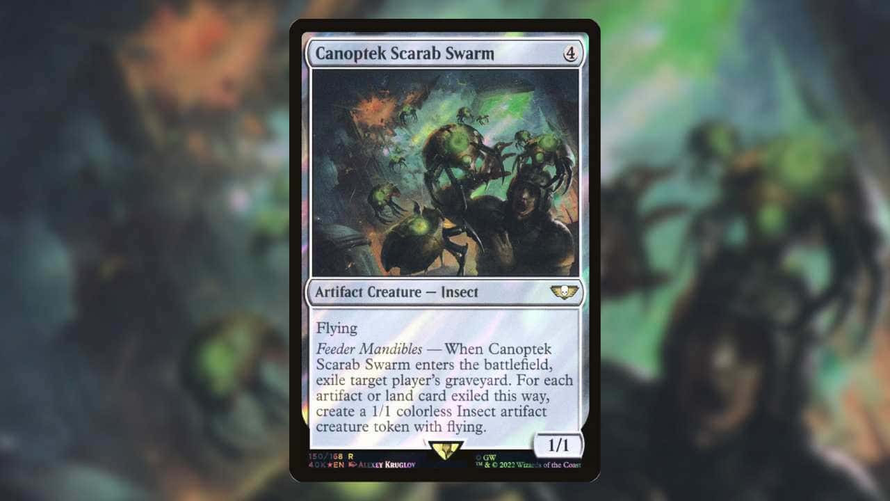 Most expensive MTG Warhammer cards: Canoptek Scarab Swarm, decorative. A soldier fights off bugs.