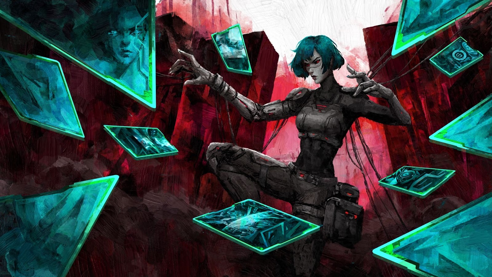 Into The Grid - Keyart depicting a female hacker surrounded by cards