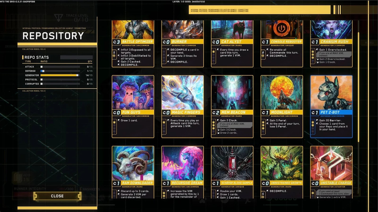 Into the Grid - The game's deckbuilding menu