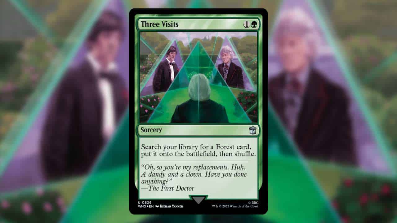 Most expensive MTG Doctor Who cards: Three Visits has three different Doctors looking at each other.