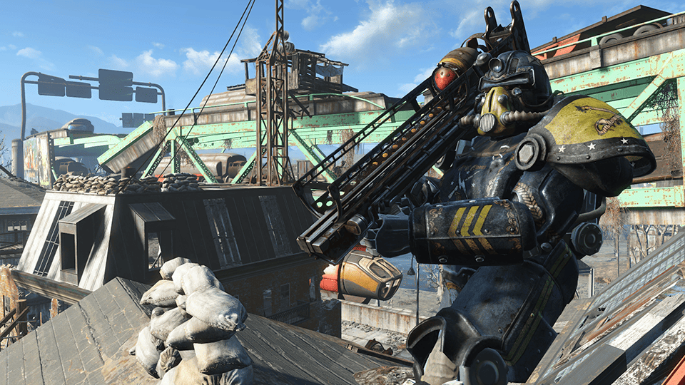 Fallout 4 Still - a man in a robotic suit holds a rail gun.
