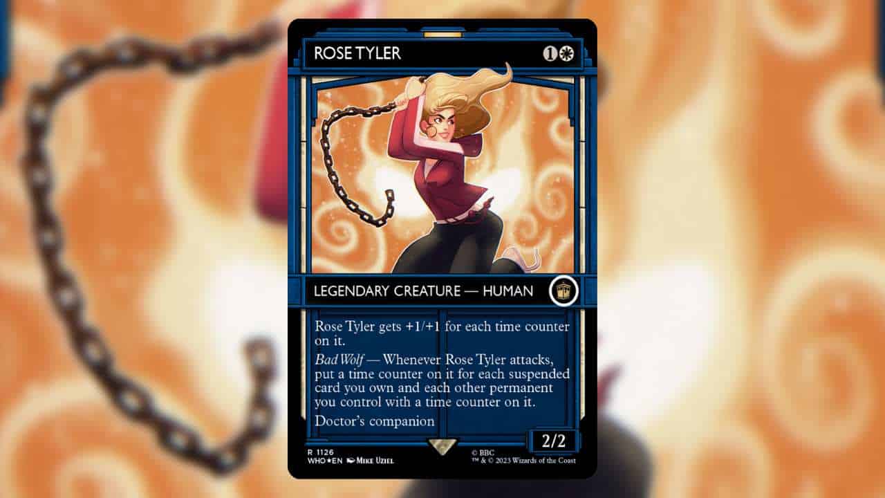 Most expensive MTG Doctor Who cards: Rose Tyler is swinging on a chain against a swirly bright background.