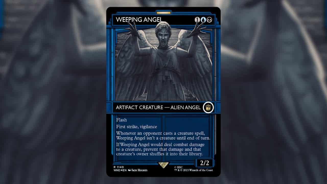 The most expensive MTG Doctor Who cards: An angel made out of stone (Weeping Angel) is creeping out of the borders of the card.