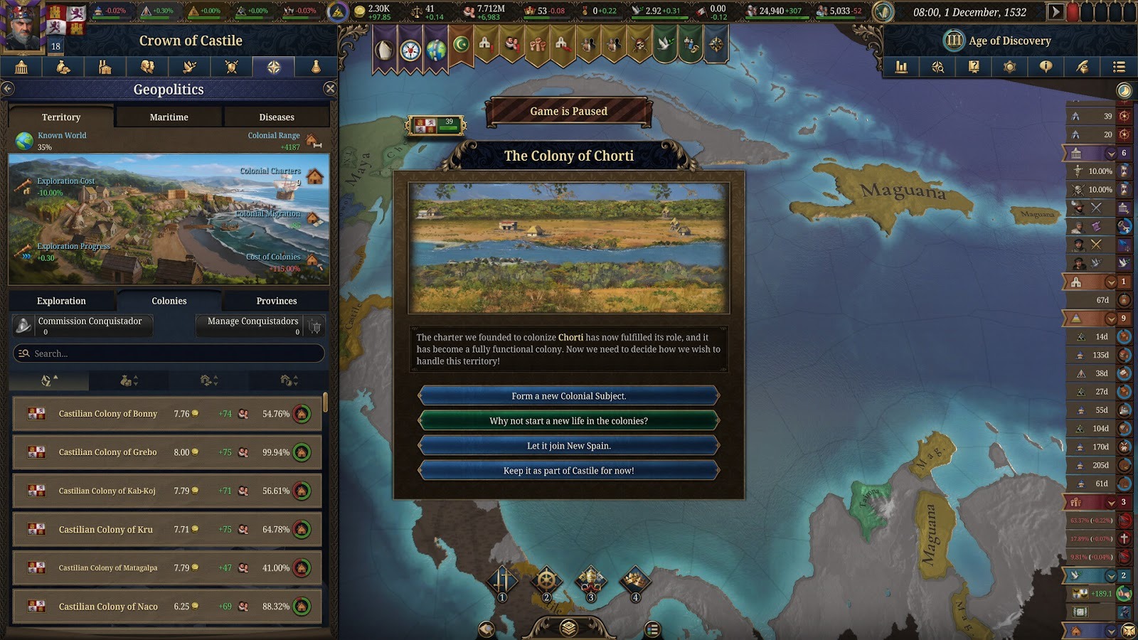 Europa Universalis V - Colony management screen