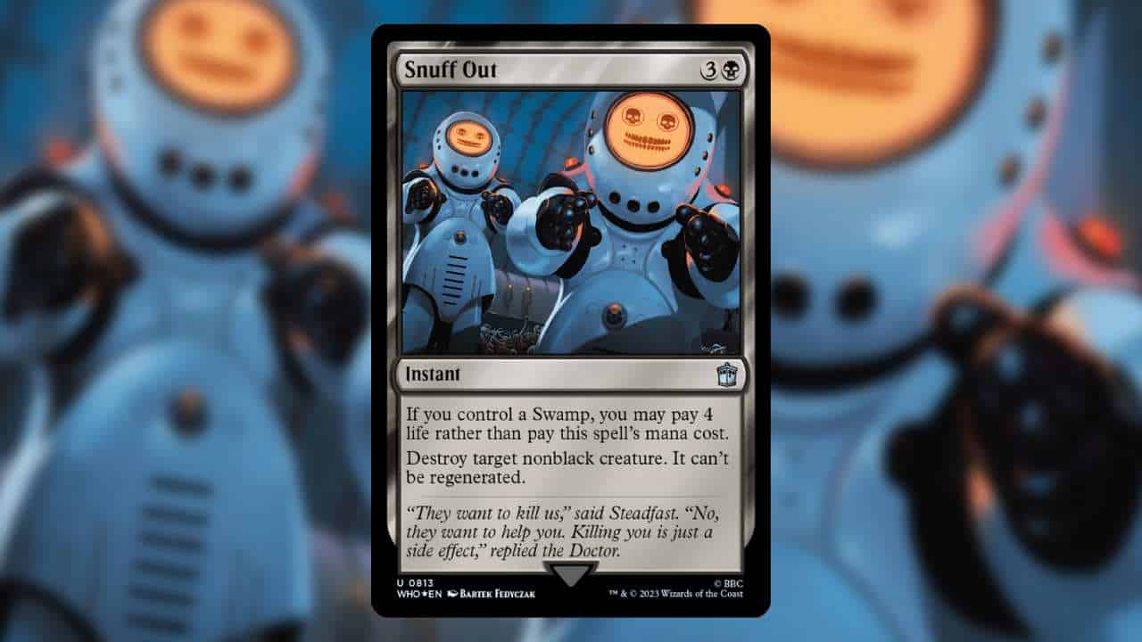 The most expensive MTG Doctor Who cards: Large cyborg creatures with uncanny smiley faces displayed on a screen (resembling a head).