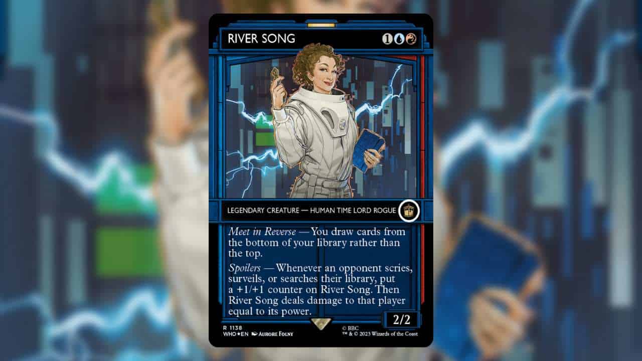 The most expensive MTG Doctor Who cards: A cartoon-like drawing of River Song, a character with curly hair wearing a astronaut suit. Also, holding a blue book.
