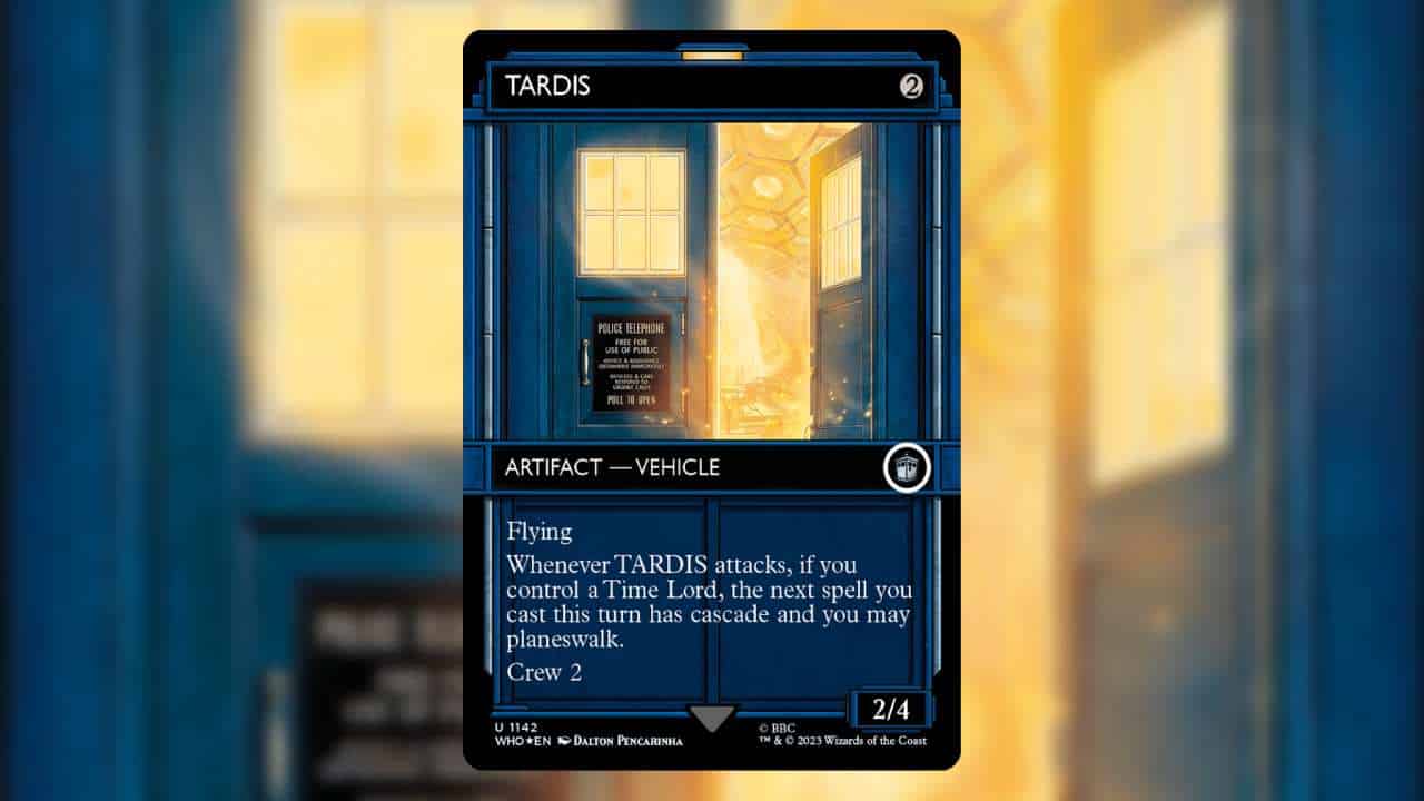 The most expensive MTG Doctor Who cards: The Tardis (a police box from the 50s - 60s era), close-up on the door. Inside it's bright and glowing, displaying the Tardis' trait of being bigger on the inside.