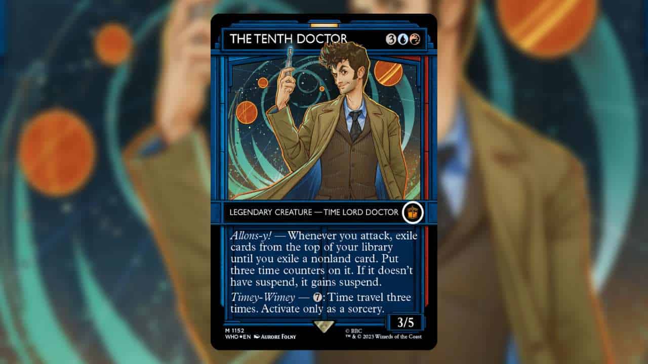 The most expensive MTG Dr Who cards: The Tenth Doctor (David Tennant) is holding the Sonic Screwdriver against a spacey-background.