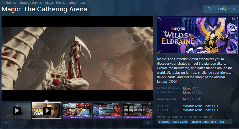 Picture of the Steam page for MTG Arena