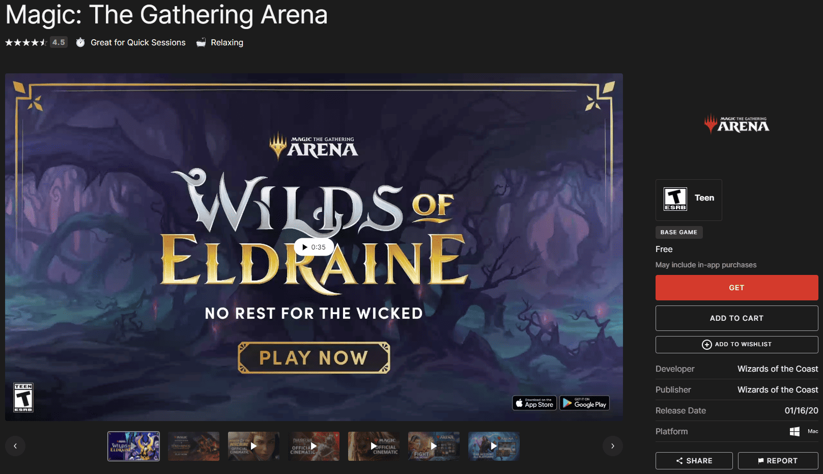 Picture of the MTG Arena page on the EPIC Games store