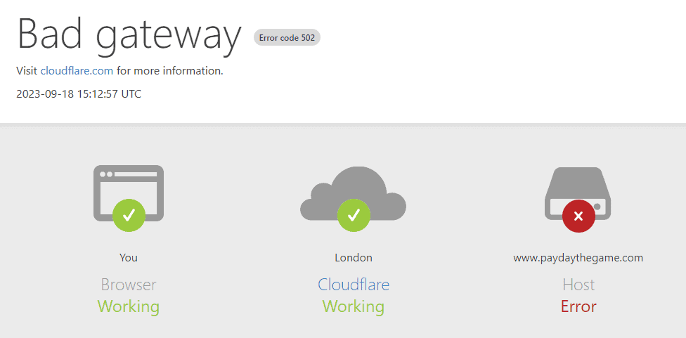 A screen shot of a bad gateway screen as Payday 3 servers go down.