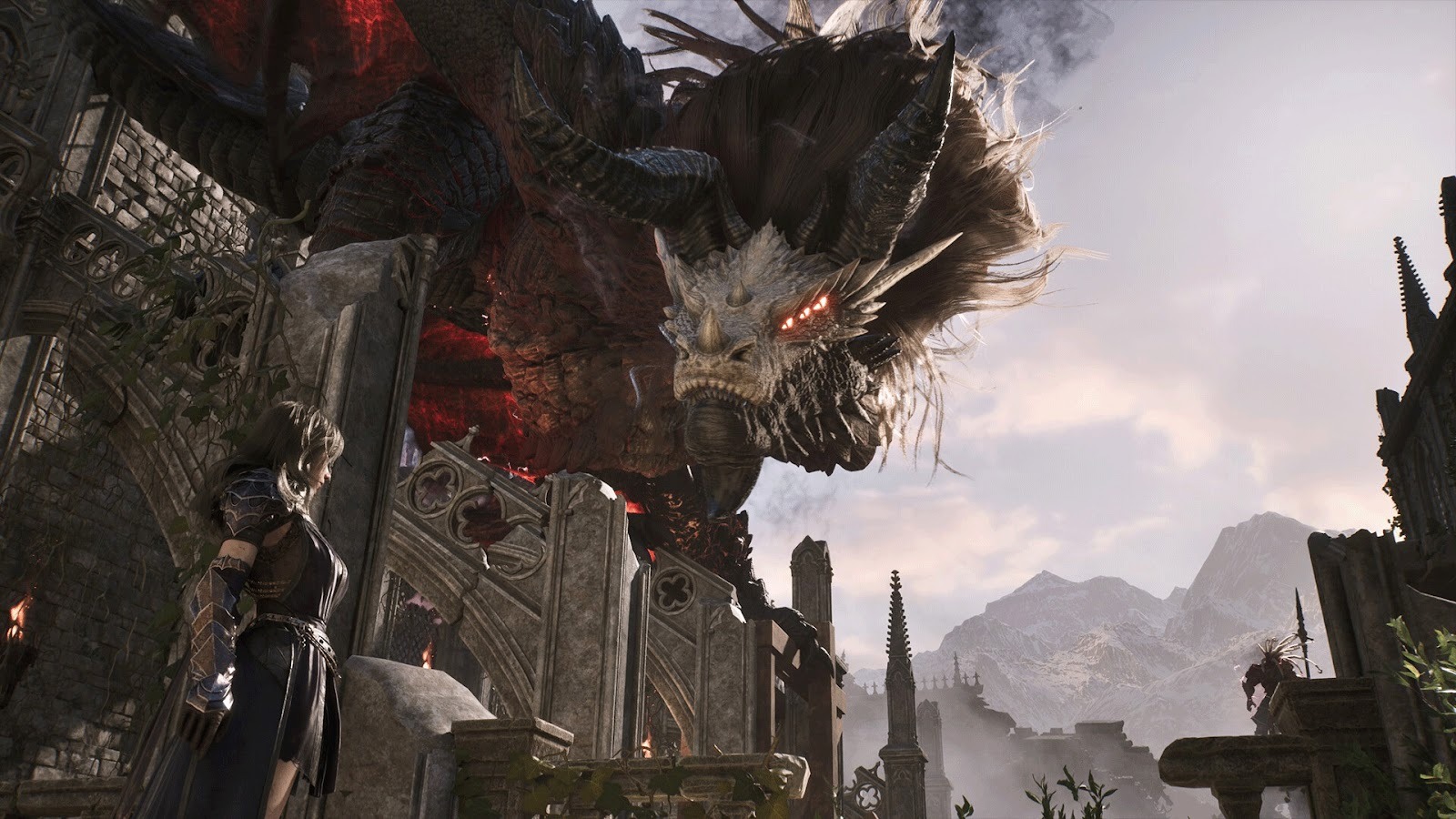 Tides of Annihilation - A dragon-like monster peers around a ruined building