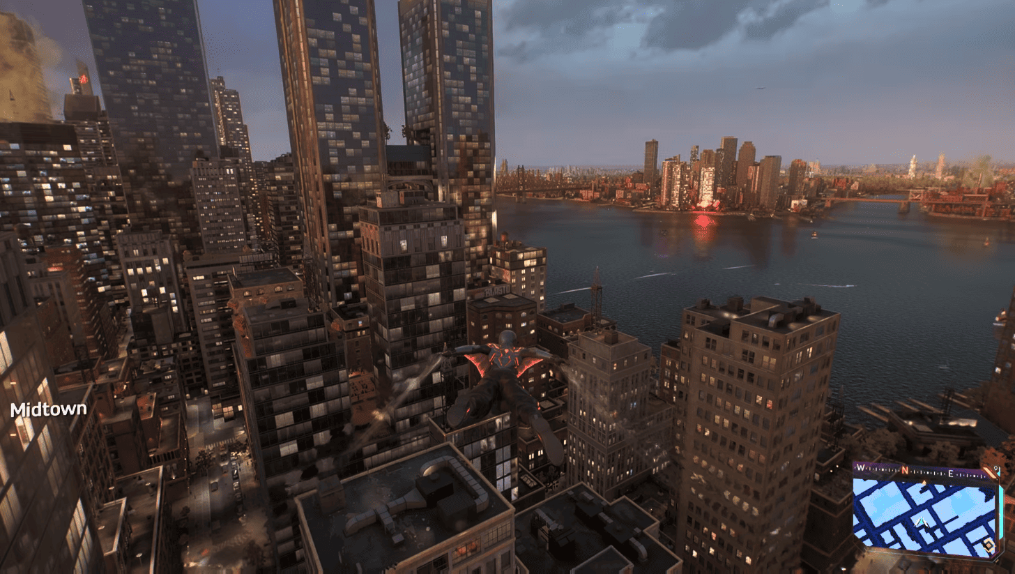 Marvel's Spider-Man 2 screenshot showcasing gliding from Financial District to Astoria.