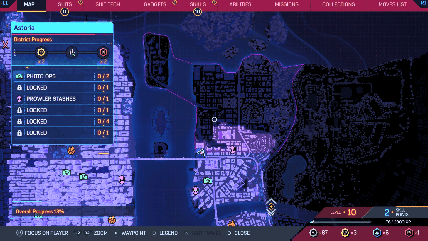 A screenshot of a city map highlighting the route to glide from Financial District to Astoria in Marvel's Spider-Man 2.