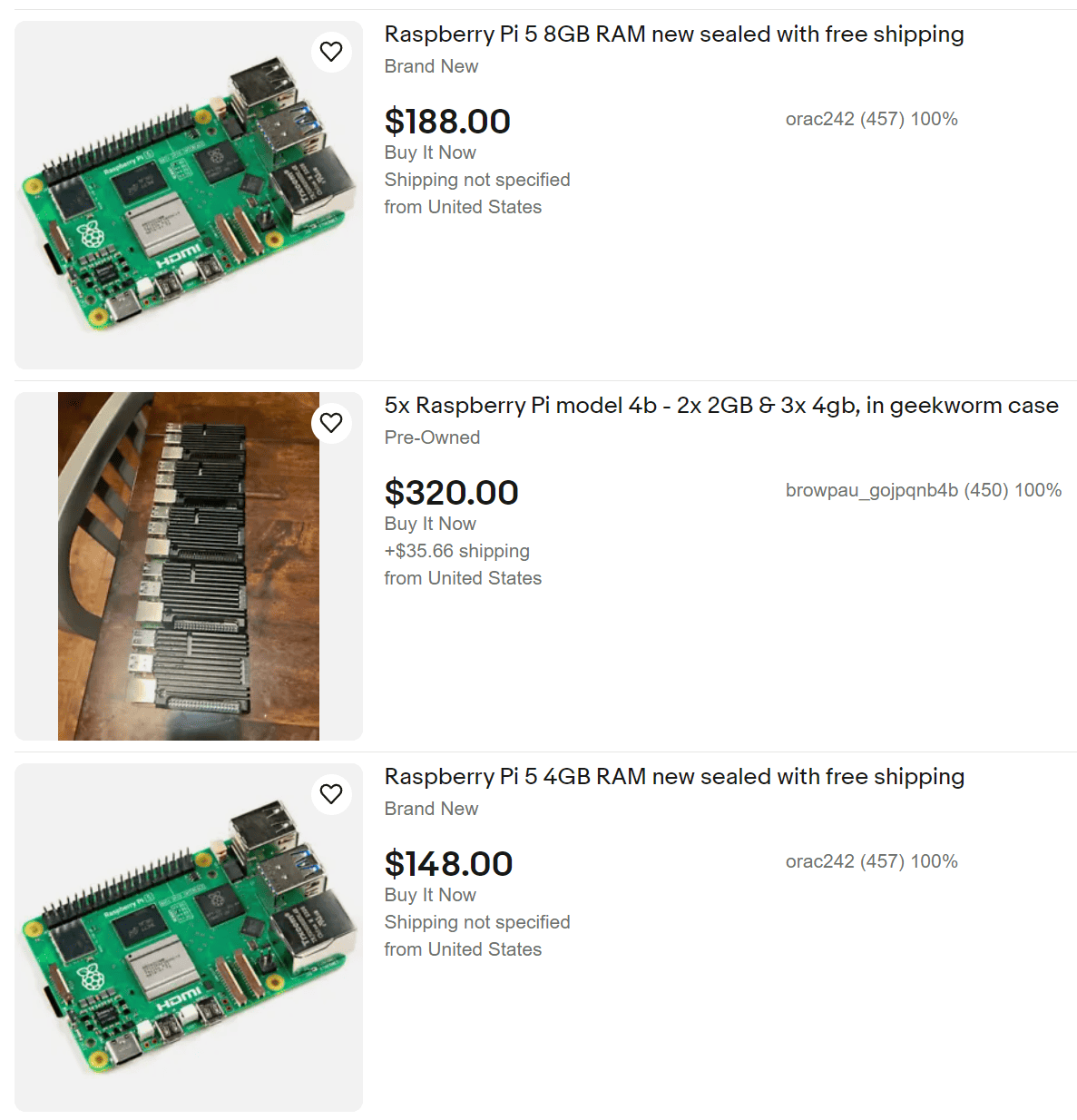 A screenshot of eBay listings for the Raspberry Pi 5. The price is over double the MSRP.