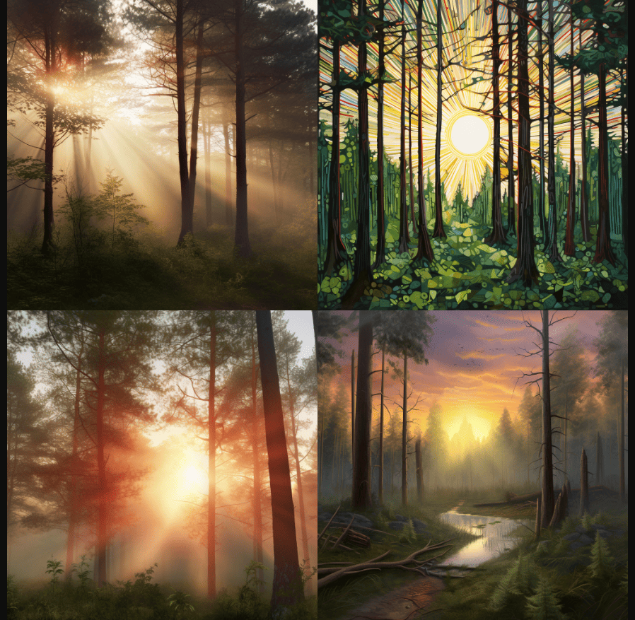 Four pictures of a forest with a sun shining through the trees, showcasing the beauty and tranquility of nature.