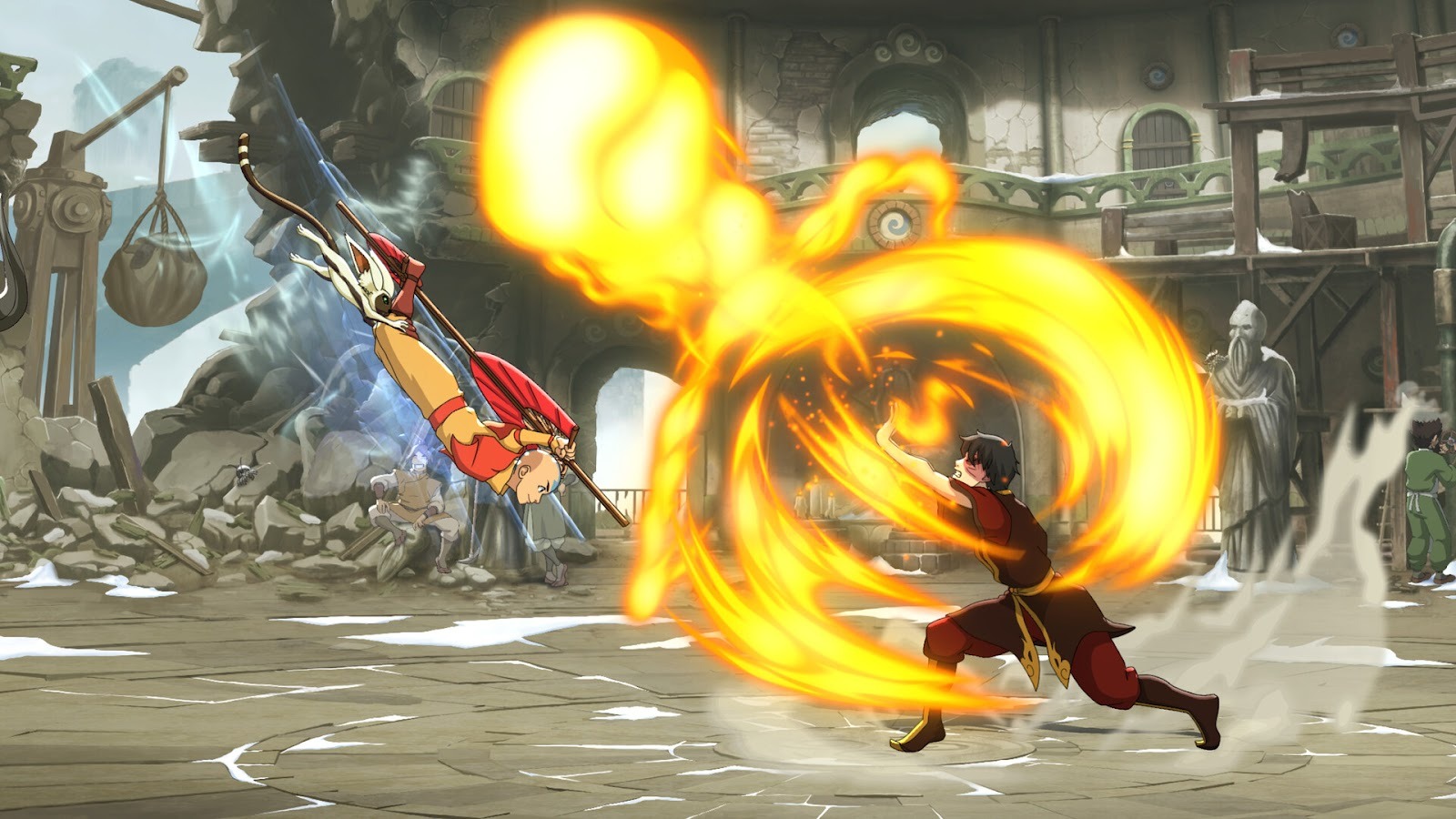 Avatar Legends The Fighting Game - Aang swoops down to avoid a blazing strike from Zuko