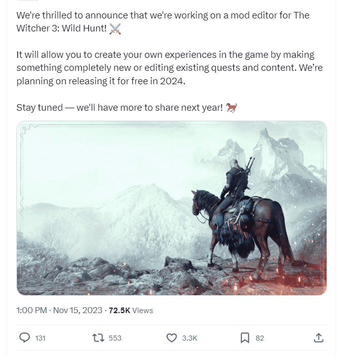 A twitter post showcasing a stunning Witcher 3 mod featuring a man riding a horse.