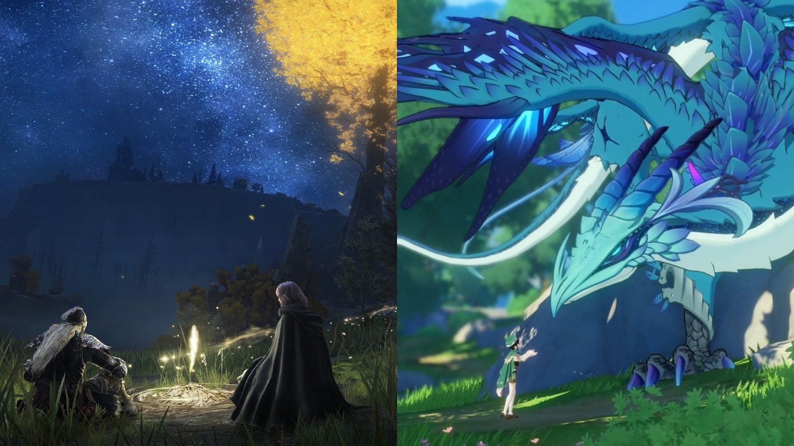 Genshin Impact and Elden Ring - A fireside scene from the latter juxtaposed by an interaction with a dragon in the former