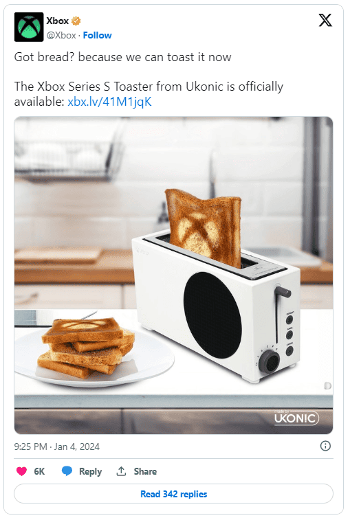 A screenshot from X displaying the Xbox Series S Toaster's official announcement from Twitter. "Got bread? because we can toast it now

The Xbox Series X Toaster from Ukonic is officially available. (Link to Walmart)"