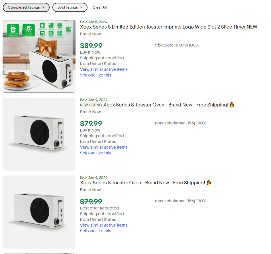 A screenshot from eBay showing the sold listings of the Xbox Series S Toaster.