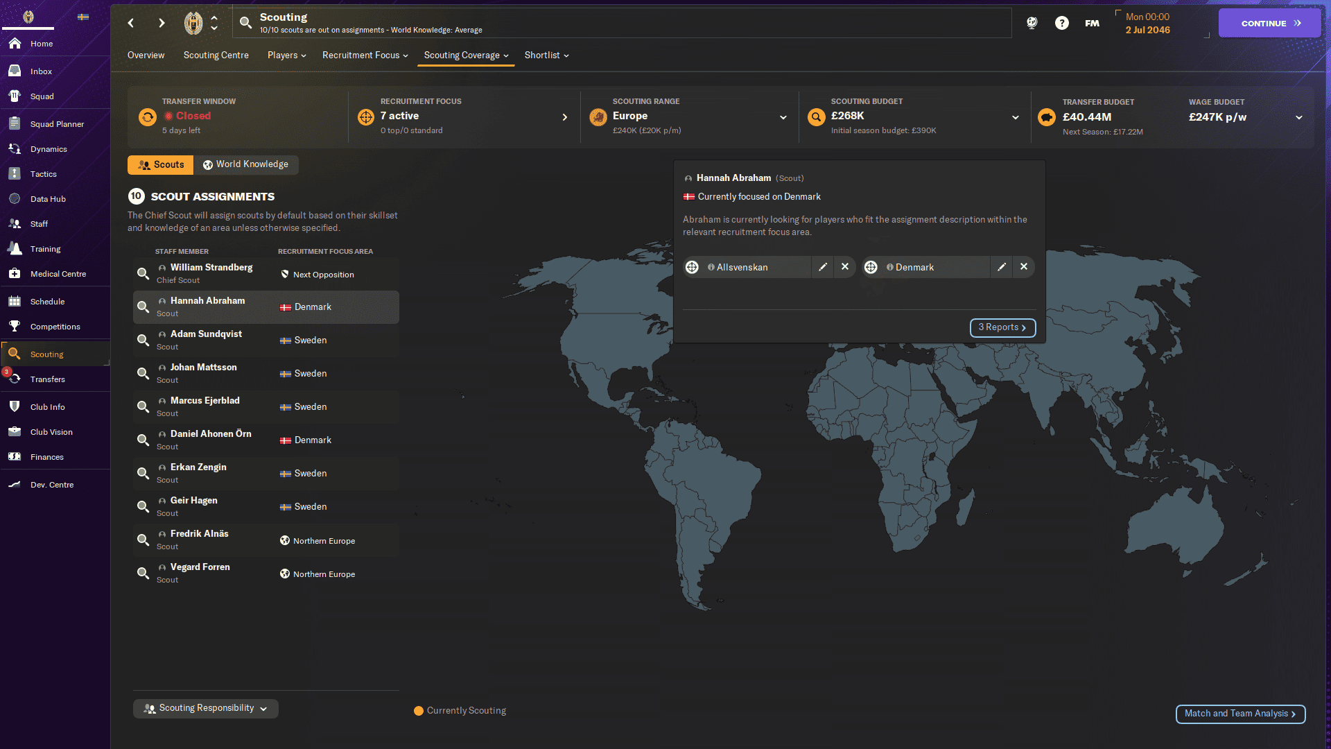 FM24 how to assign scouts: Assigning a scout to begin focusing on scouting Denmark.