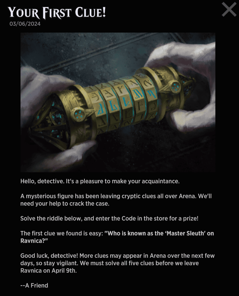 Cryptic artifact surrounded by stones with MTG Arena inscriptions floats above a hand, suggesting a mysterious puzzle to be solved. The text on the image serves as a clue for an interactive quest or game