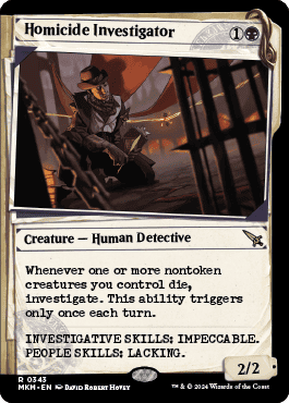 A playing card from a collectible card game featuring an illustrated anthropomorphic animal character dressed as a detective, described as a "homicide investigator" with Cryptic Clue solutions.