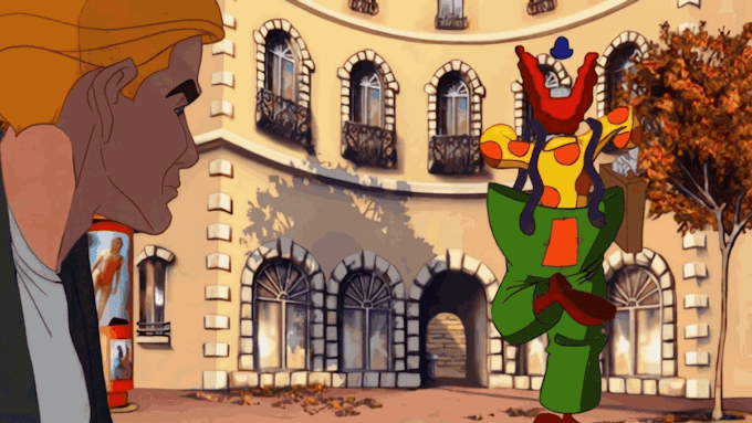 Animated characters in a stylized cityscape with a foreground figure looking towards a colorful character juggling on a unicycle, inspired by the surprise elements of Candy Crush.