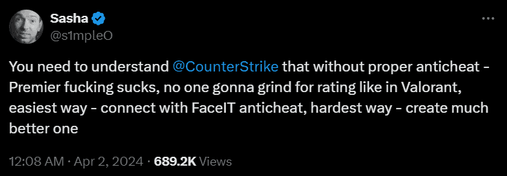 You need to understand CounterStrike that  without proper anticheat - Premier f****** sucks, no one gonna grind for rating like in Valorant, easiest way - connect with FaceIT anticheat, hardest way - create much better one