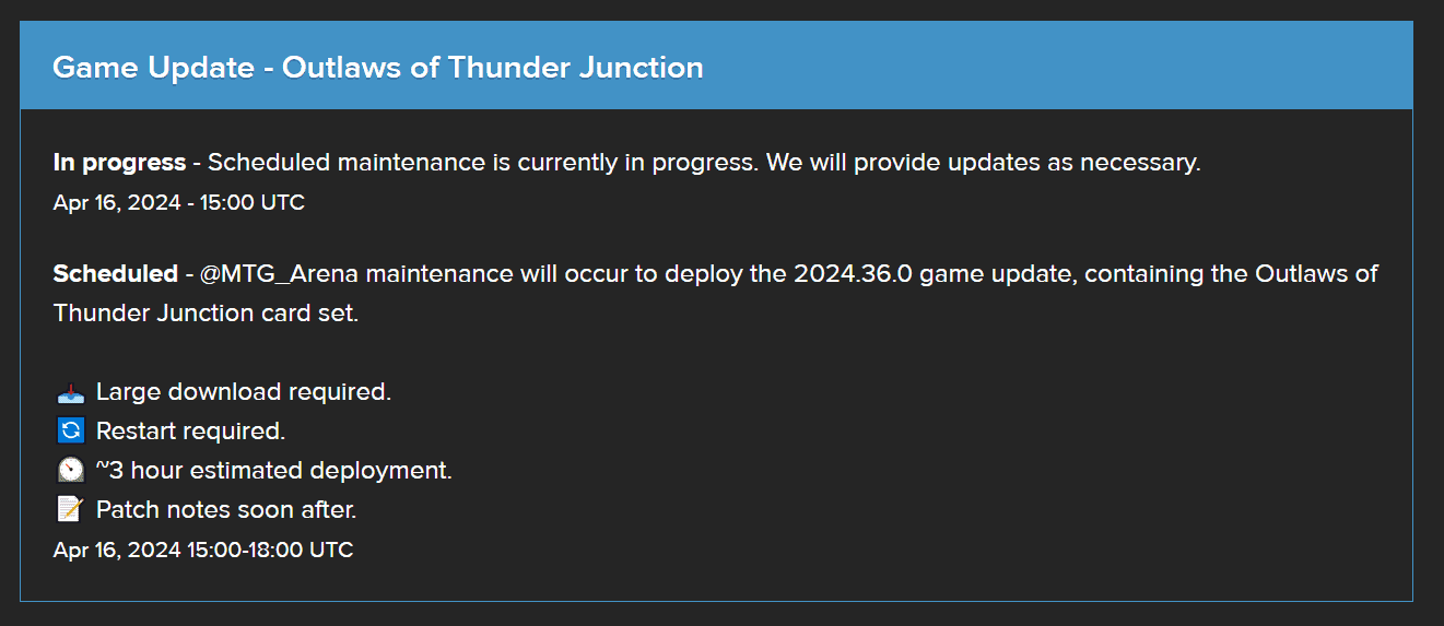 Screenshot of a server maintenance notification for "Outlaws of Thunder Junction" detailing scheduled updates and deployment times, including a large download and a 3-hour estimated deployment.