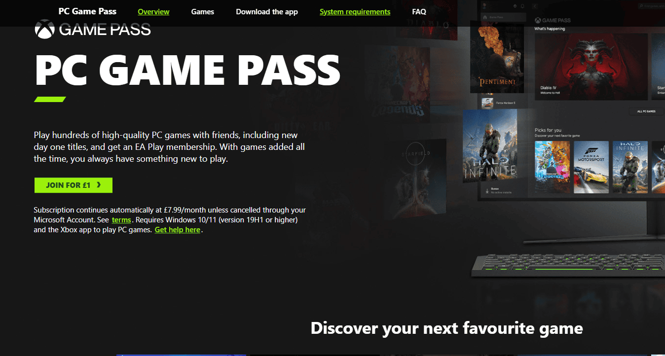 Website homepage for pc game pass showcasing a variety of video game thumbnails including Manor Lords, a subscription offer for £1, and a green-lit gaming keyboard.
