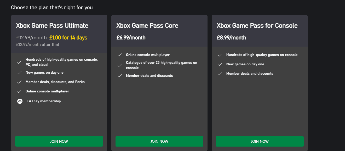 Comparison of three Xbox Game Pass subscription plans, including Manor Lords, featuring different prices and benefits listed in a table format against a dark background.
