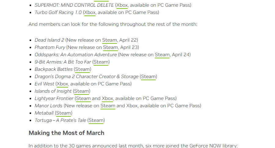 Screenshot of a list detailing upcoming video game releases and available platforms, using a simple text format on a plain background. Includes "Is Manor Lords on GeForce Now? Yes".