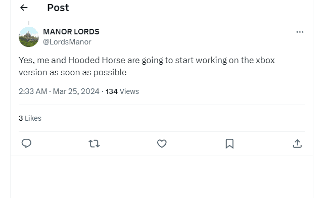 A screenshot of a Twitter post by @lordsmanor stating, "yes, me and Manor Lords are going to start working on the Xbox version as soon as possible," published on March 25,