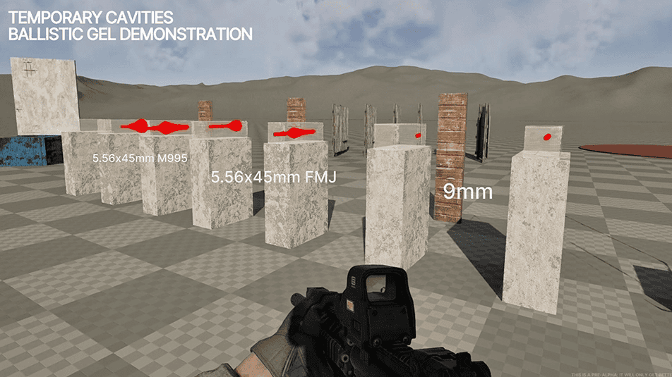 A virtual simulation displaying various bullet impacts from different calibers on ballistic gel blocks, labeled with their respective sizes and types, showcasing platforms and everything we need to know.