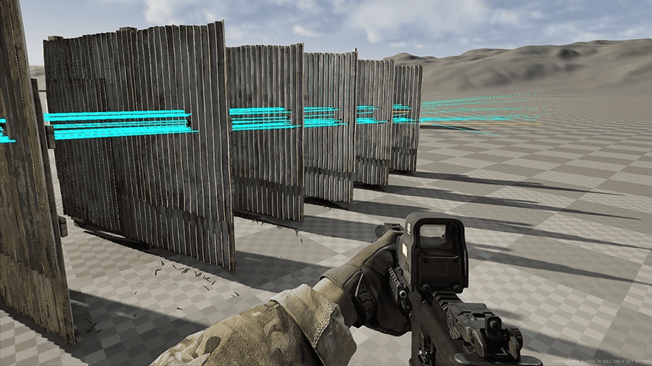 First-person view of a hand holding a gun with a scope, aiming at a wooden target barrier in a desert simulation environment for Gray Zone Warfare.