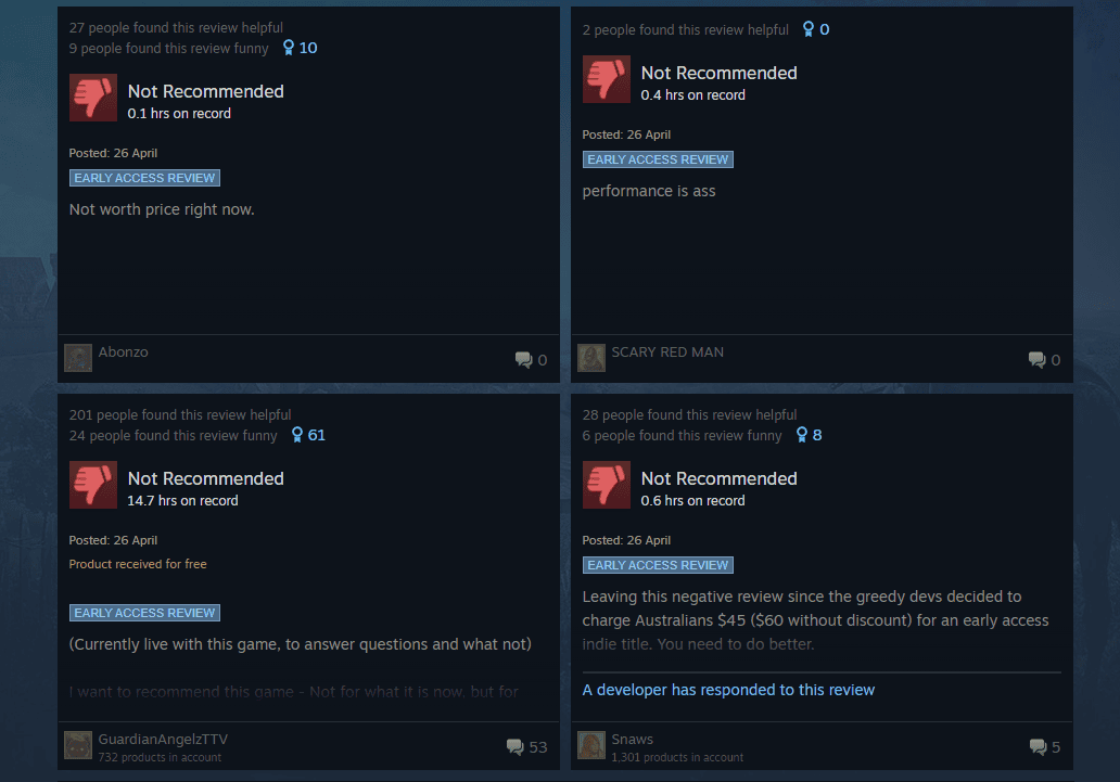 Screenshot of a website displaying Manor Lords player reviews for the video game, featuring various ratings and comments, reminding users it's still in Early Access.
