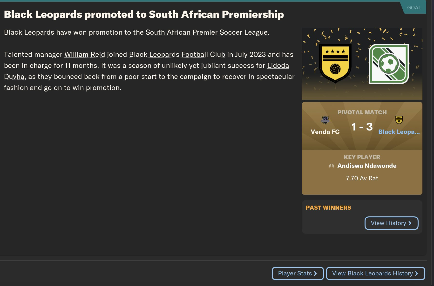 Image showing the Black Leopards team being promoted in Football Manager 2024 