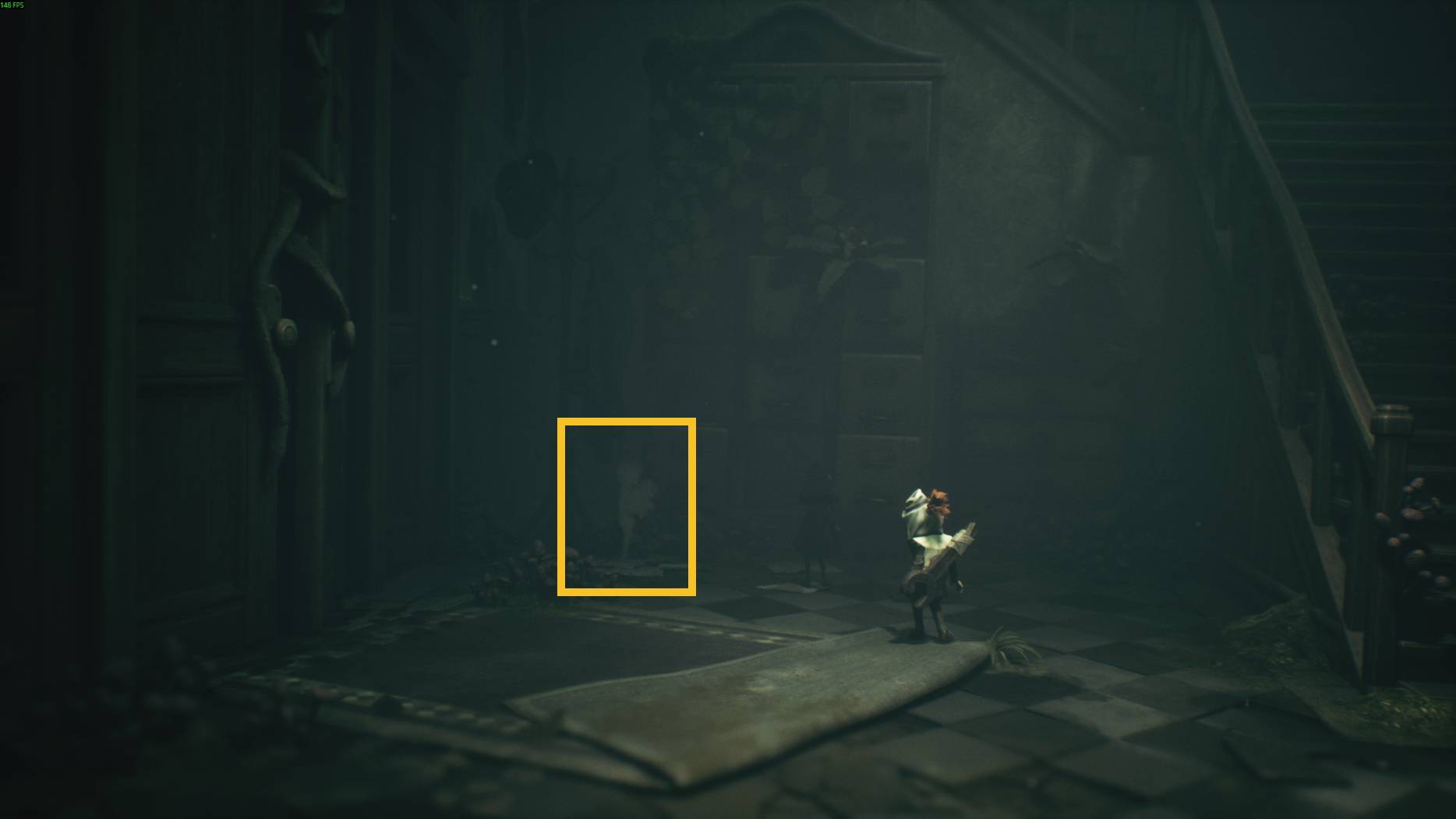A small ghostly figure appears near a staircase as the two children explore the eerie mansion in All Little Nightmares 3