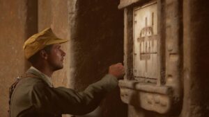 Indiana Jones and the Great Circle Chamber of Resonance: Indy reading a tablet.