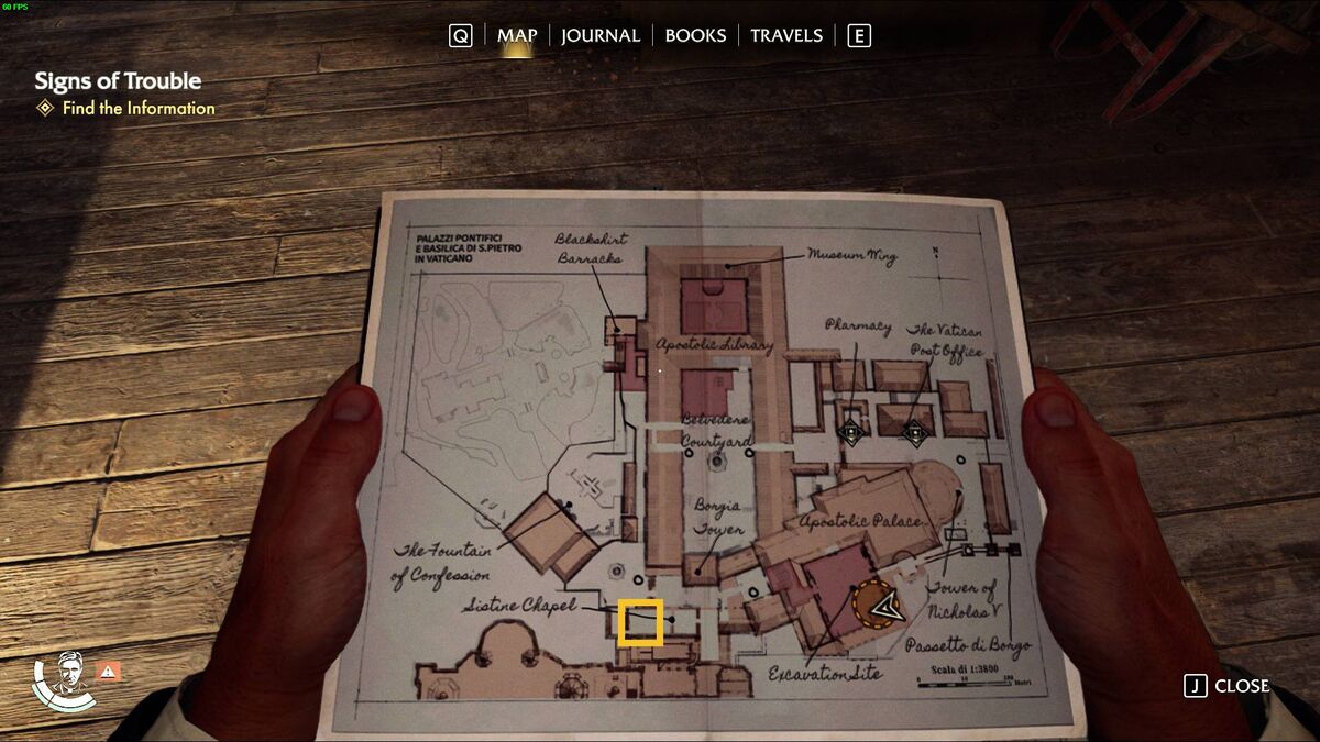 Indiana Jones and the Great Circle Excavation Site safe code: Sistine Chapel marked on the map.