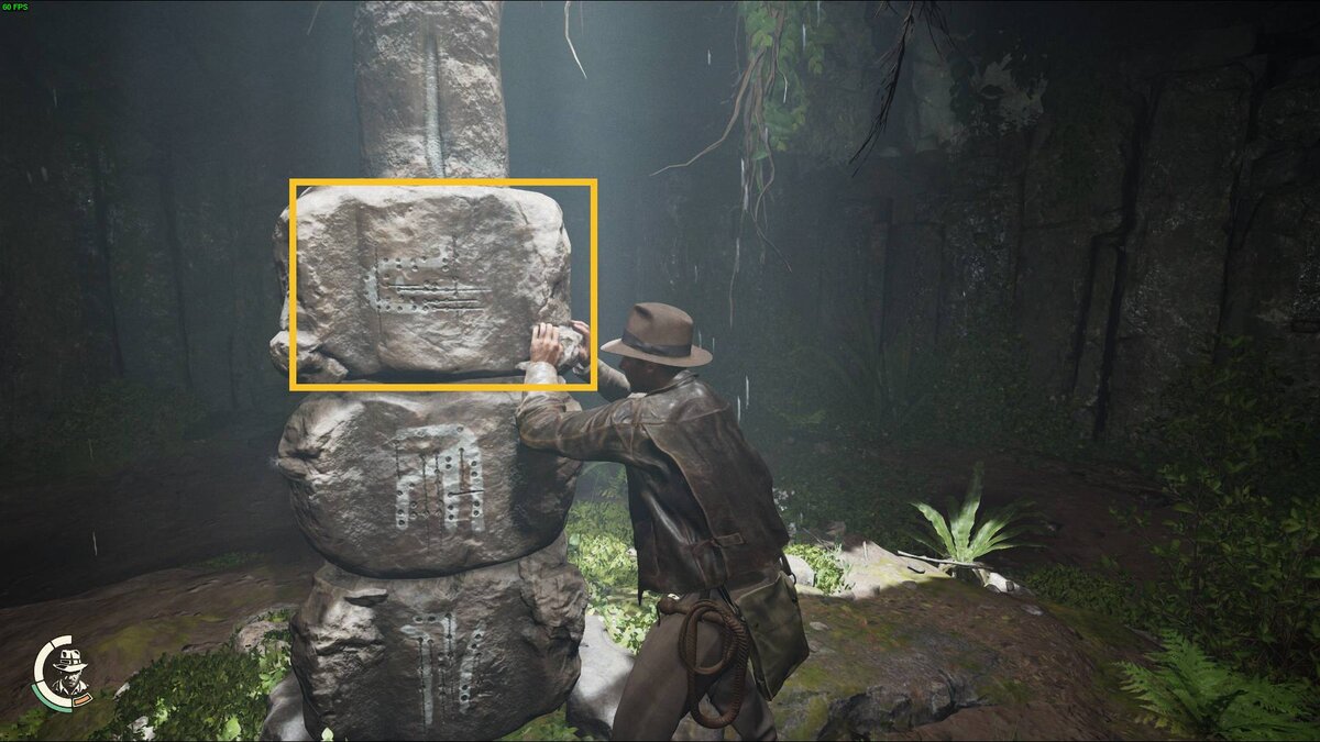 Indiana Jones and the Great Circle Lost in the Past Prayer Wheel Puzzle: Indy pushing blocks on the Prayer Wheel.