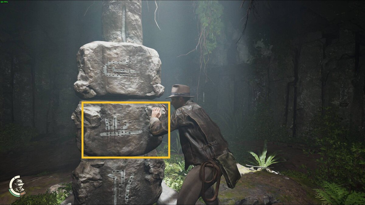 Indiana Jones and the Great Circle Lost in the Past Prayer Wheel Puzzle: Indy pushing blocks on the Prayer Wheel.