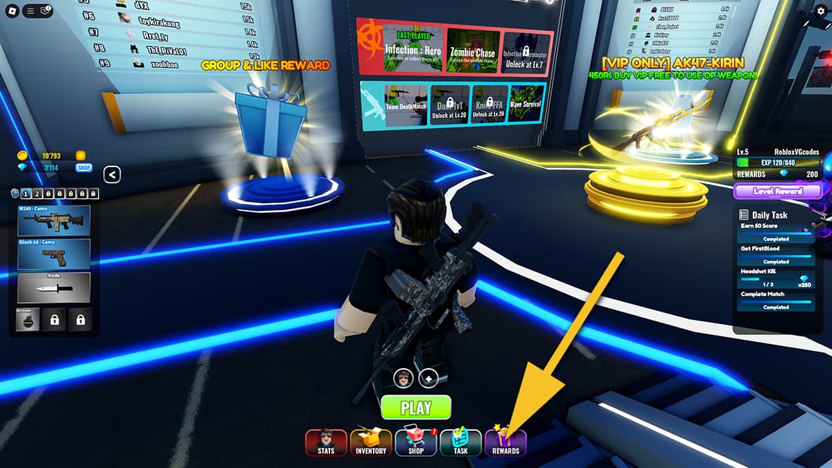 Image of the lobby in the Infection Gunfight game on Roblox, with an arrow pointing at the Rewards icon.