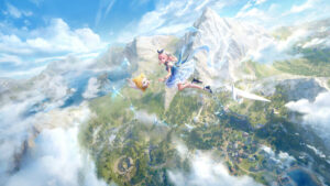 Infinity Nikki codes: character flying through the sky with a cat above a mountain.