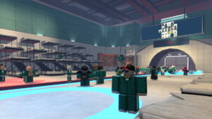 A Roblox character in Ink Game standing in the lobby surrounded by other players.